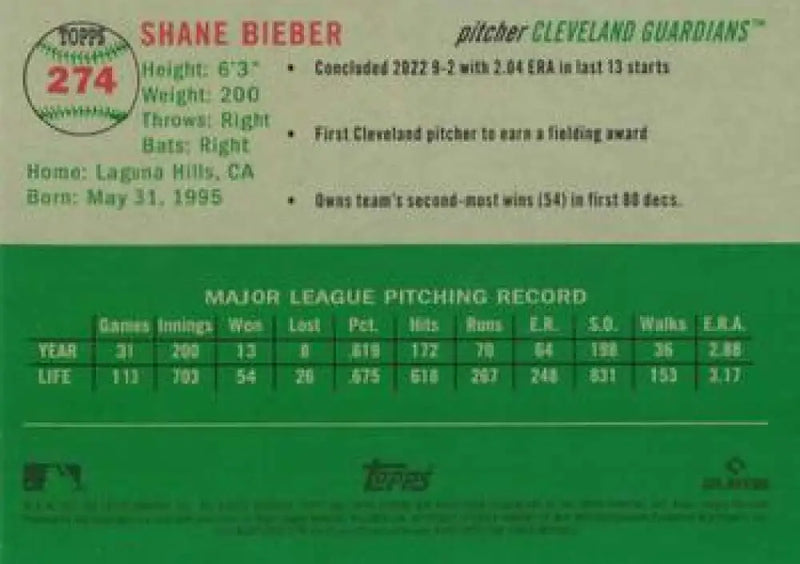 2023 Topps Chrome Platinum Anniversary #274 Shane Bieber EX Excellent Cleveland Guardians Baseball Card - Baseball Card