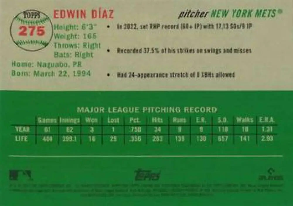 2023 Topps Chrome Platinum Anniversary #275 Edwin Diaz EX Excellent New York Mets Baseball Card - Baseball Card Single