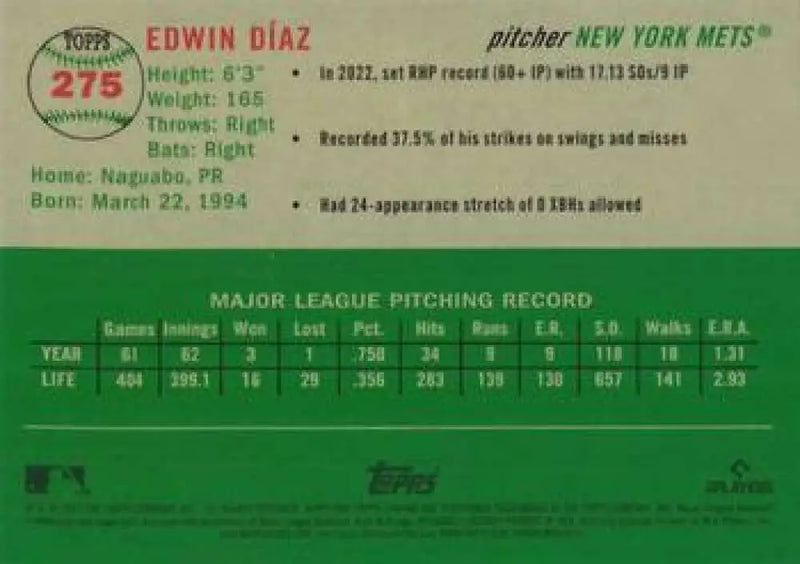 2023 Topps Chrome Platinum Anniversary #275 Edwin Diaz EX Excellent New York Mets Baseball Card - Baseball Card Single