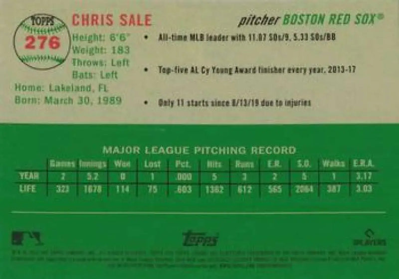 2023 Topps Chrome Platinum Anniversary #276 Chris Sale EX Excellent Boston Red Sox Baseball Card - Baseball Card Single