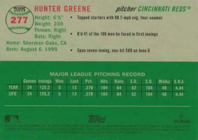 2023 Topps Chrome Platinum Anniversary #277 Hunter Greene EX Excellent Cincinnati Reds Baseball Card - Baseball Card