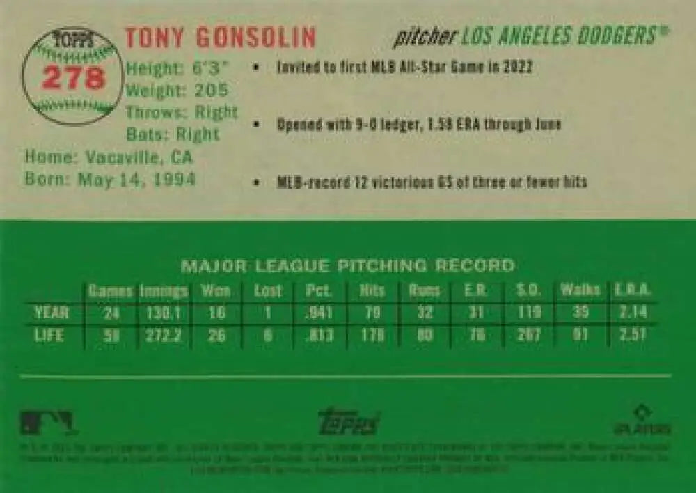 2023 Topps Chrome Platinum Anniversary #278 Tony Gonsolin EX Excellent Los Angeles Dodgers Baseball Card - Baseball