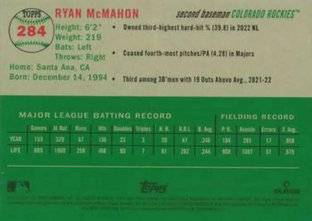 2023 Topps Chrome Platinum Anniversary #284 Ryan McMahon EX Excellent Colorado Rockies Baseball Card - Baseball Card