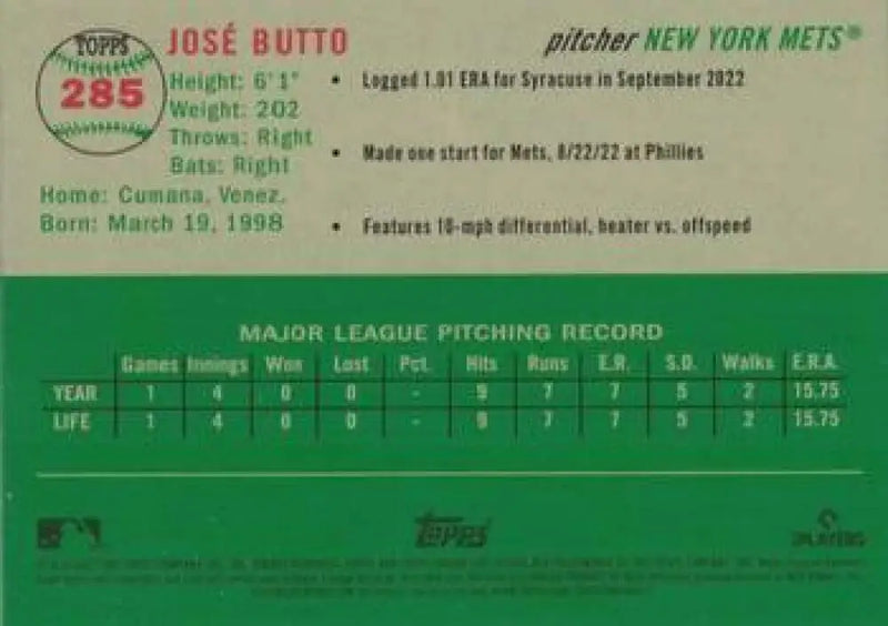 2023 Topps Chrome Platinum Anniversary #285 Jose Butto EX Excellent RC Rookie New York Mets Baseball Card - Baseball