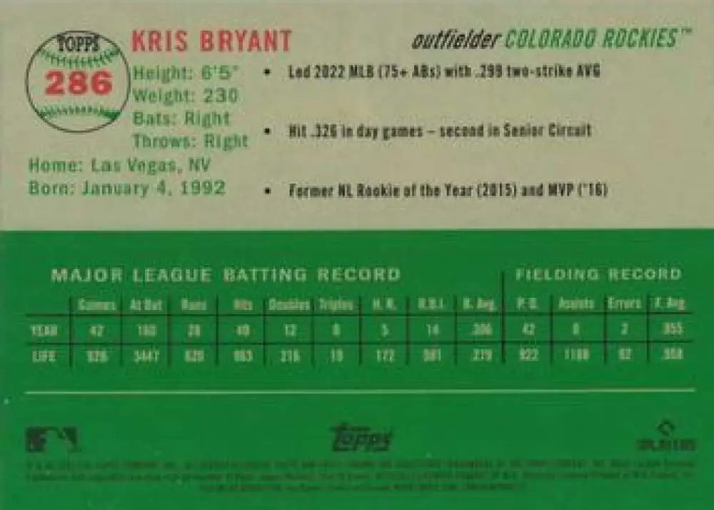 2023 Topps Chrome Platinum Anniversary #286 Kris Bryant EX Excellent Colorado Rockies Baseball Card - Baseball Card