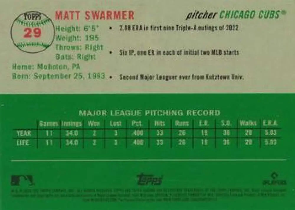 2023 Topps Chrome Platinum Anniversary #29 Matt Swarmer EX Excellent RC Rookie Chicago Cubs Baseball Card - Baseball