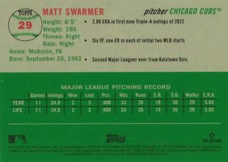 2023 Topps Chrome Platinum Anniversary #29 Matt Swarmer EX Excellent RC Rookie Chicago Cubs Baseball Card - Baseball