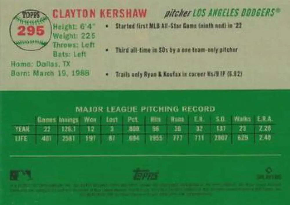 2023 Topps Chrome Platinum Anniversary #295 Clayton Kershaw EX Excellent Los Angeles Dodgers Baseball Card - Baseball
