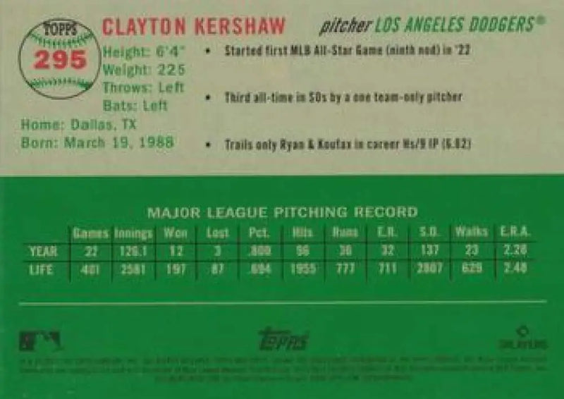2023 Topps Chrome Platinum Anniversary #295 Clayton Kershaw EX Excellent Los Angeles Dodgers Baseball Card - Baseball