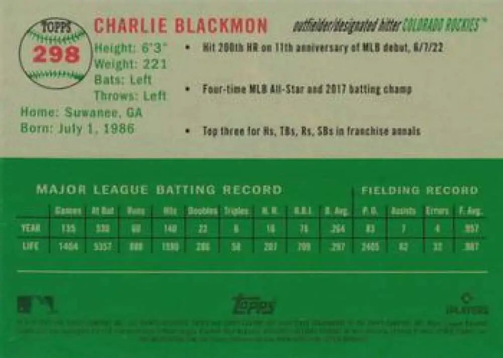 2023 Topps Chrome Platinum Anniversary #298 Charlie Blackmon EX Excellent Colorado Rockies Baseball Card - Baseball