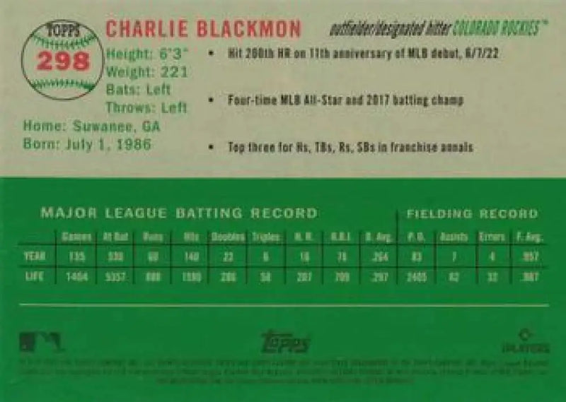 2023 Topps Chrome Platinum Anniversary #298 Charlie Blackmon EX Excellent Colorado Rockies Baseball Card - Baseball