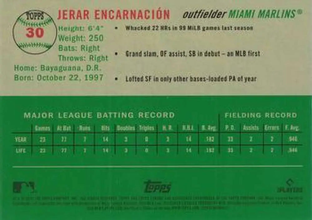 2023 Topps Chrome Platinum Anniversary #30 Jerar Encarnacion EX Excellent RC Rookie Miami Marlins Baseball Card