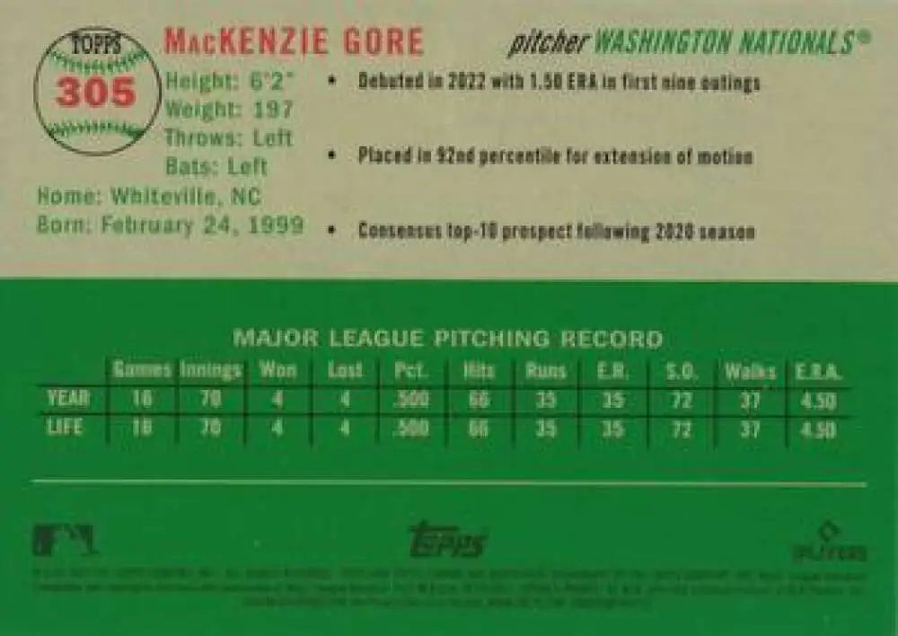 2023 Topps Chrome Platinum Anniversary #305 MacKenzie Gore EX Excellent Washington Nationals Baseball Card - Baseball