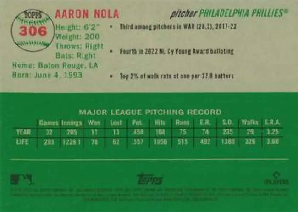 2023 Topps Chrome Platinum Anniversary #306 Aaron Nola EX Excellent Philadelphia Phillies Baseball Card - Baseball Card