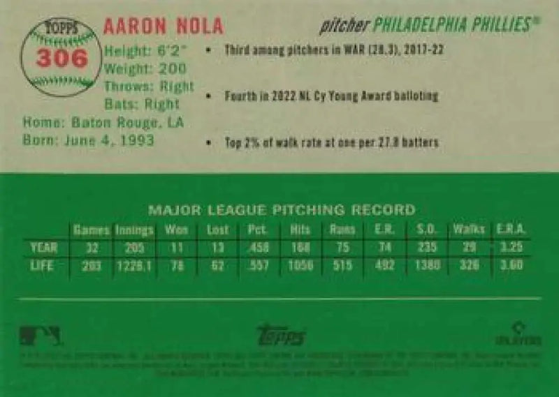 2023 Topps Chrome Platinum Anniversary #306 Aaron Nola EX Excellent Philadelphia Phillies Baseball Card - Baseball Card