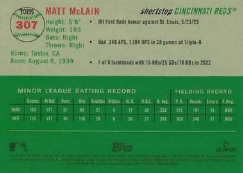 2023 Topps Chrome Platinum Anniversary #307 Matt McLain EX Excellent RC Rookie Cincinnati Reds Baseball Card - Baseball