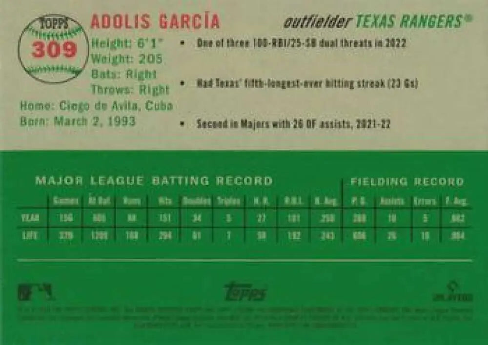 2023 Topps Chrome Platinum Anniversary #309 Adolis Garcia EX Excellent Texas Rangers Baseball Card - Baseball Card