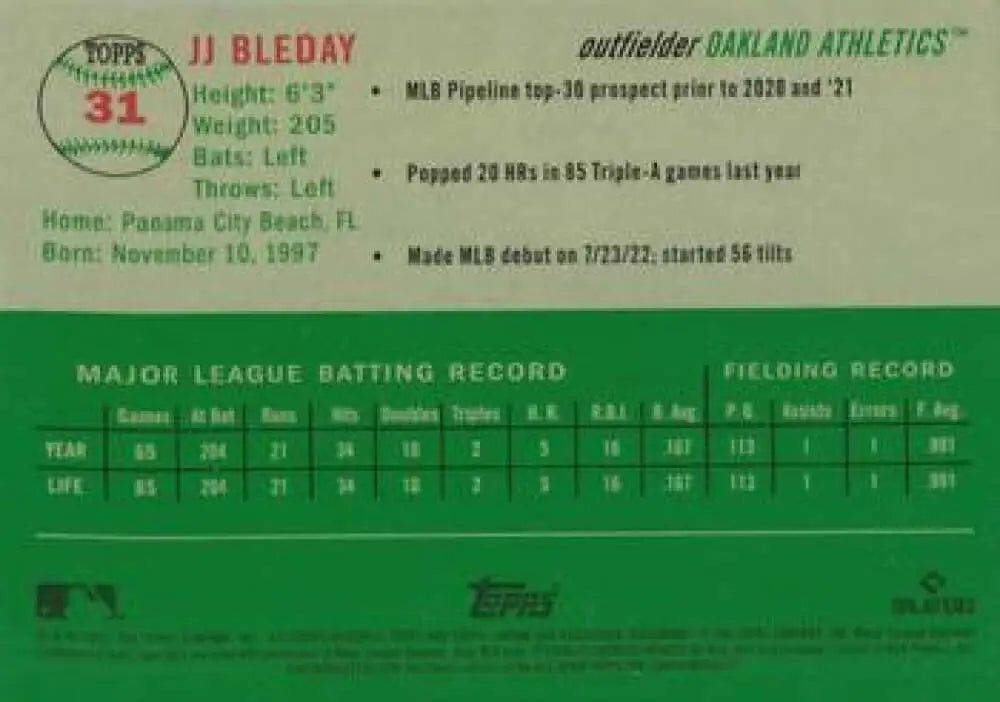 2023 Topps Chrome Platinum Anniversary #31 JJ Bleday EX Excellent RC Rookie Oakland Athletics Baseball Card - Baseball