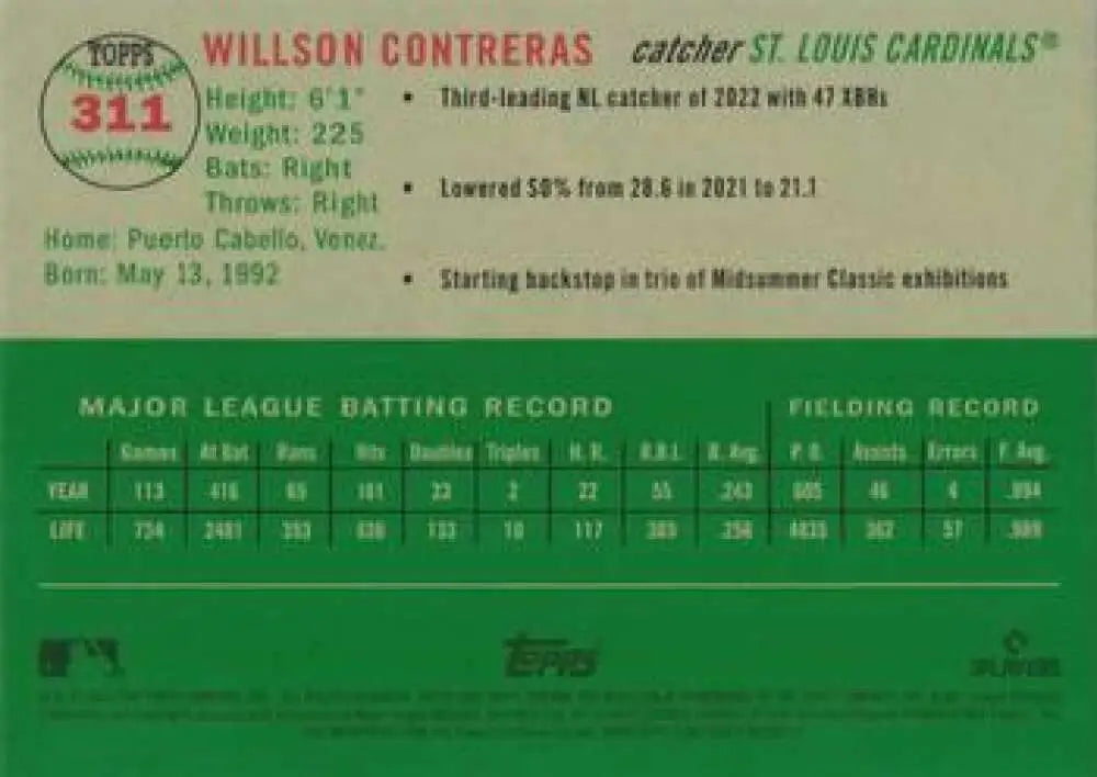 2023 Topps Chrome Platinum Anniversary #311 Willson Contreras EX Excellent St. Louis Cardinals Baseball Card - Baseball