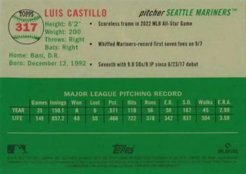 2023 Topps Chrome Platinum Anniversary #317 Luis Castillo EX Excellent Seattle Mariners Baseball Card - Baseball Card