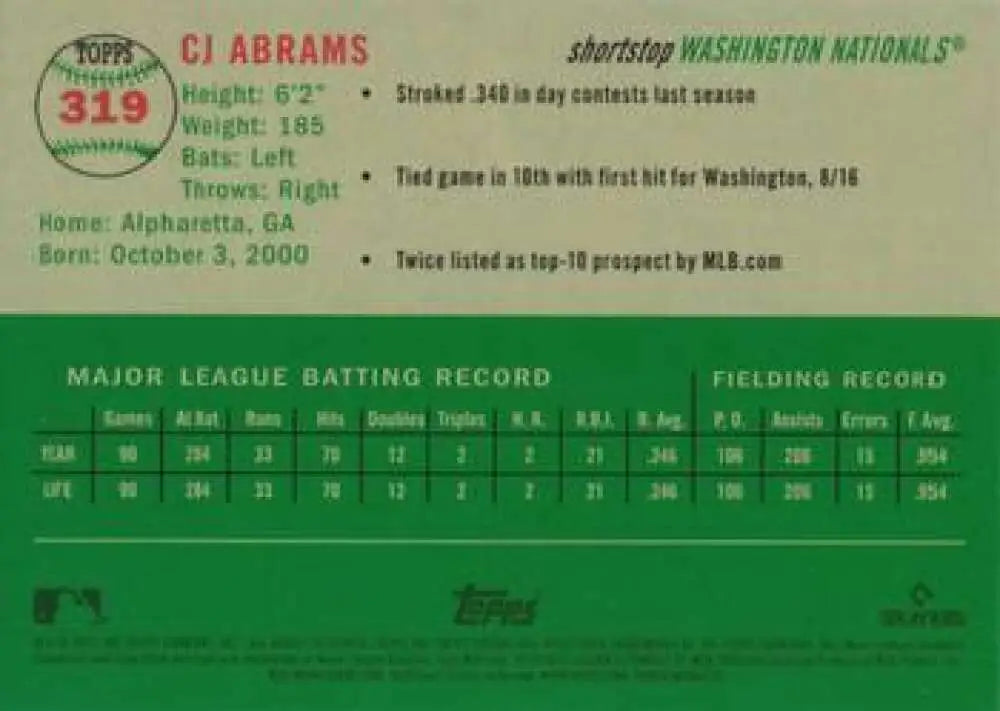 2023 Topps Chrome Platinum Anniversary #319 CJ Abrams EX Excellent Washington Nationals Baseball Card - Baseball Card