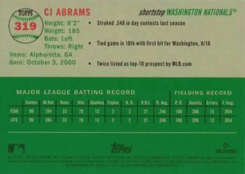 2023 Topps Chrome Platinum Anniversary #319 CJ Abrams EX Excellent Washington Nationals Baseball Card - Baseball Card