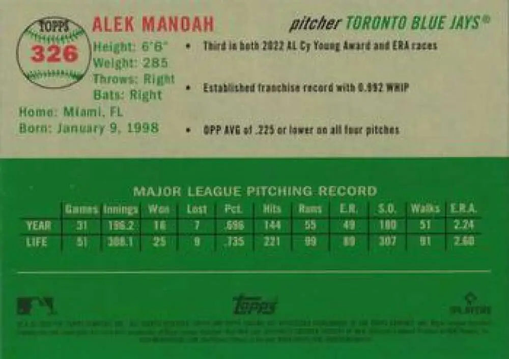 2023 Topps Chrome Platinum Anniversary #326 Alek Manoah EX Excellent Toronto Blue Jays Baseball Card - Baseball Card