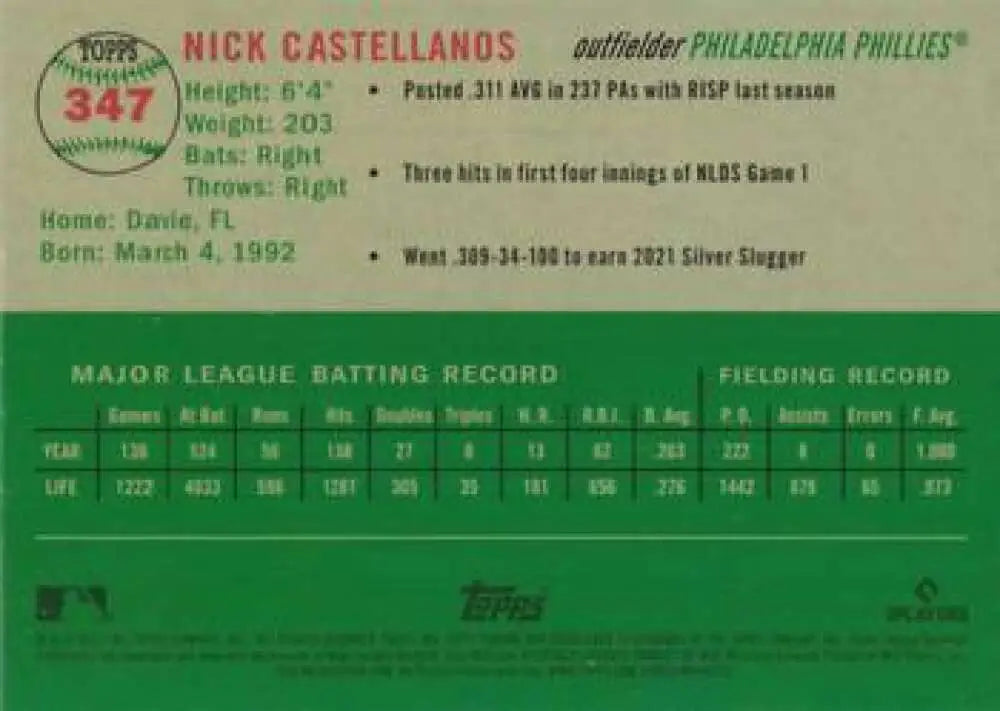 2023 Topps Chrome Platinum Anniversary #347 Nick Castellanos EX Excellent Philadelphia Phillies Baseball Card