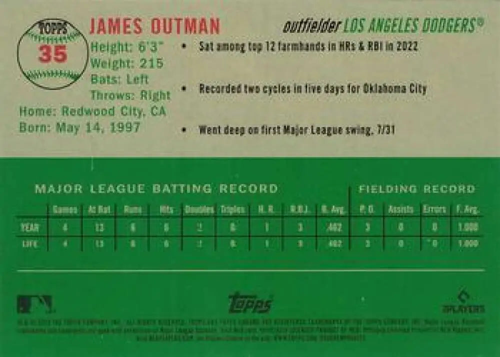 2023 Topps Chrome Platinum Anniversary #35 James Outman EX Excellent RC Rookie Los Angeles Dodgers Baseball Card