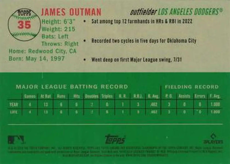 2023 Topps Chrome Platinum Anniversary #35 James Outman EX Excellent RC Rookie Los Angeles Dodgers Baseball Card