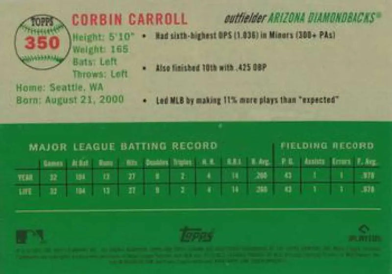 2023 Topps Chrome Platinum Anniversary #350 Corbin Carroll EX Excellent RC Rookie Arizona Diamondbacks Baseball Card
