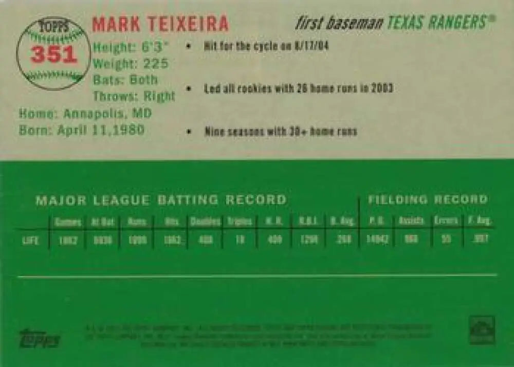 2023 Topps Chrome Platinum Anniversary #351 Mark Teixeira EX Excellent Texas Rangers Baseball Card - Baseball Card