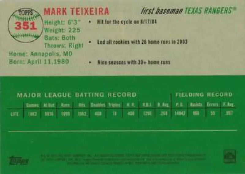 2023 Topps Chrome Platinum Anniversary #351 Mark Teixeira EX Excellent Texas Rangers Baseball Card - Baseball Card