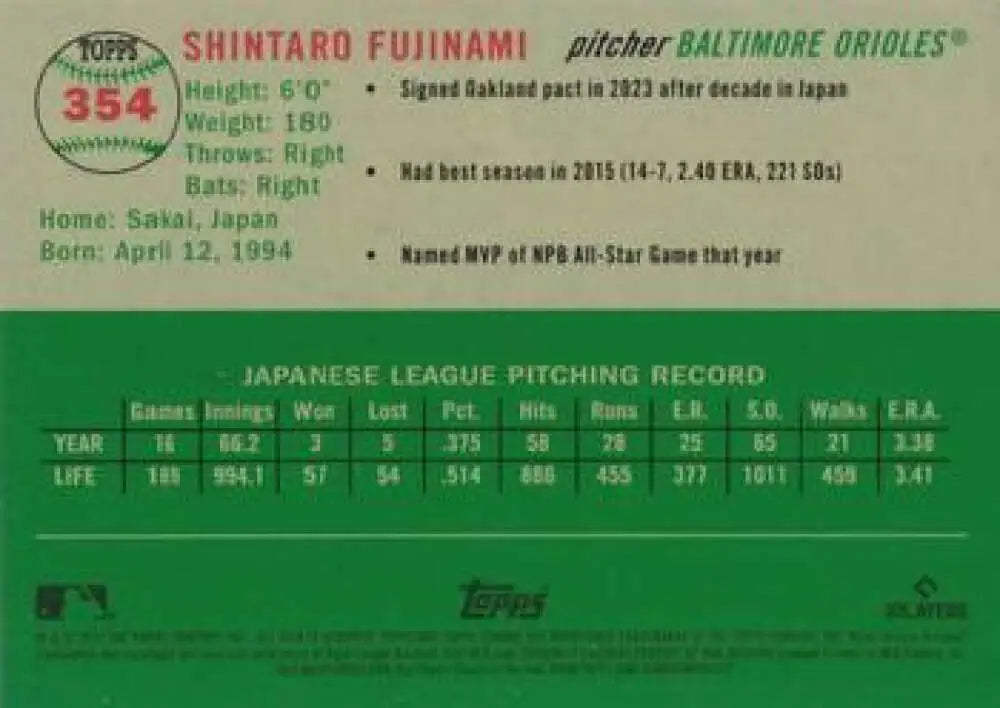 2023 Topps Chrome Platinum Anniversary #354 Shintaro Fujinami EX Excellent RC Rookie Baltimore Orioles Baseball Card