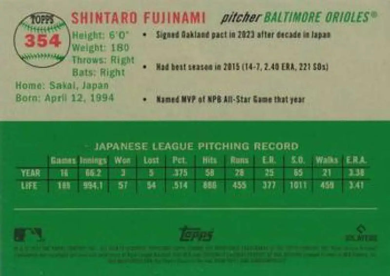 2023 Topps Chrome Platinum Anniversary #354 Shintaro Fujinami EX Excellent RC Rookie Baltimore Orioles Baseball Card