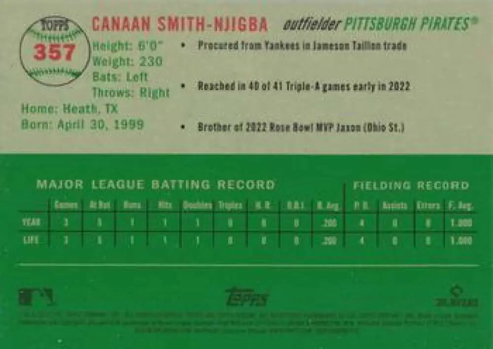 2023 Topps Chrome Platinum Anniversary #357 Canaan Smith-Njigba EX Excellent RC Rookie Pittsburgh Pirates Baseball Card