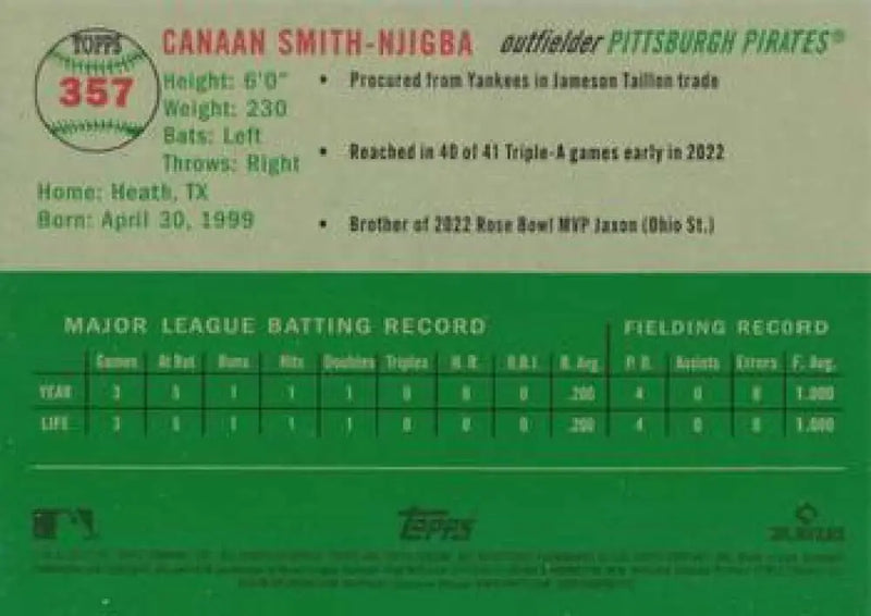 2023 Topps Chrome Platinum Anniversary #357 Canaan Smith-Njigba EX Excellent RC Rookie Pittsburgh Pirates Baseball Card