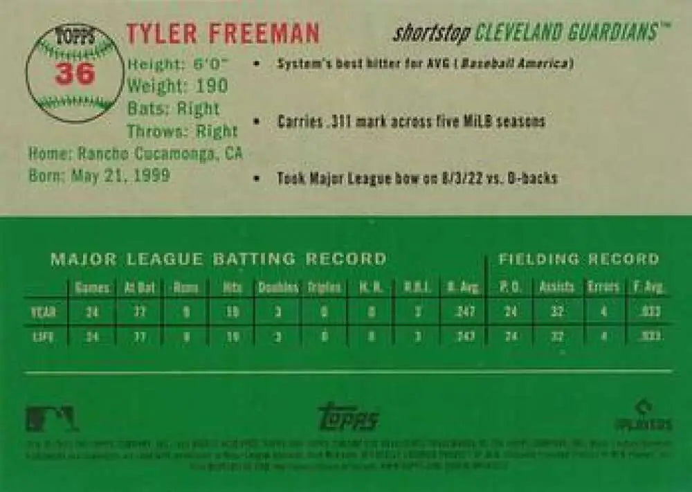 2023 Topps Chrome Platinum Anniversary #36 Tyler Freeman EX Excellent RC Rookie Cleveland Guardians Baseball Card
