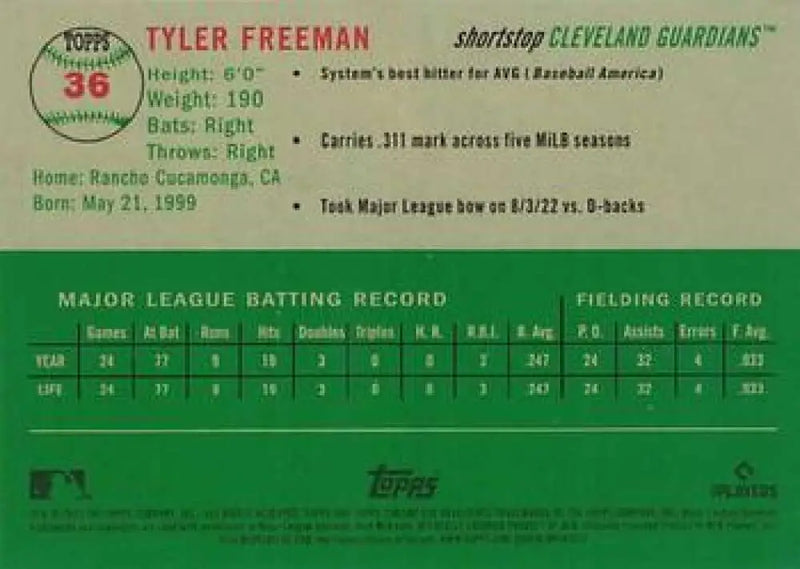 2023 Topps Chrome Platinum Anniversary #36 Tyler Freeman EX Excellent RC Rookie Cleveland Guardians Baseball Card