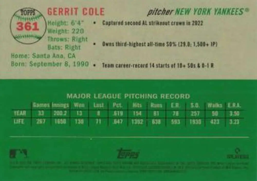 2023 Topps Chrome Platinum Anniversary #361 Gerrit Cole EX Excellent New York Yankees Baseball Card - Baseball Card