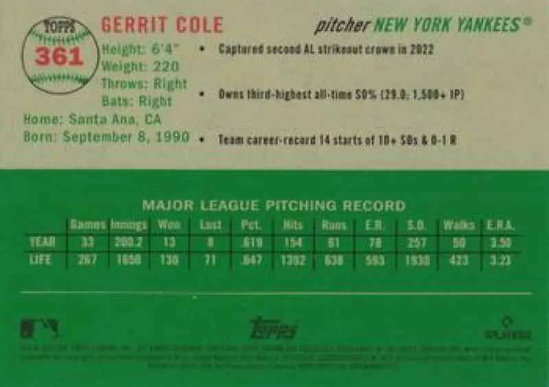 2023 Topps Chrome Platinum Anniversary #361 Gerrit Cole EX Excellent New York Yankees Baseball Card - Baseball Card