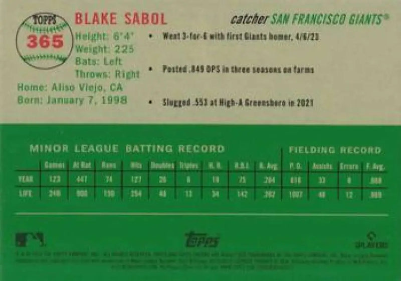 2023 Topps Chrome Platinum Anniversary #365 Blake Sabol EX Excellent RC Rookie San Francisco Giants Baseball Card