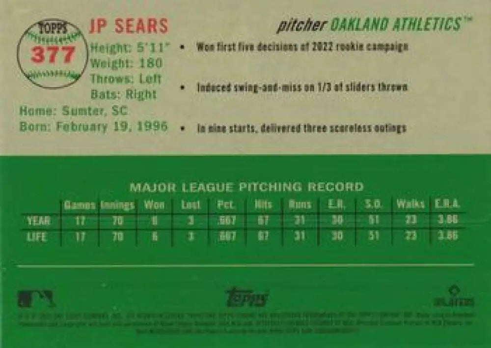2023 Topps Chrome Platinum Anniversary #377 JP Sears EX Excellent Oakland Athletics Baseball Card - Baseball Card Single