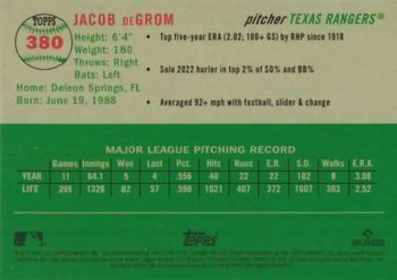 2023 Topps Chrome Platinum Anniversary #380 Jacob deGrom EX Excellent Texas Rangers Baseball Card - Baseball Card Single