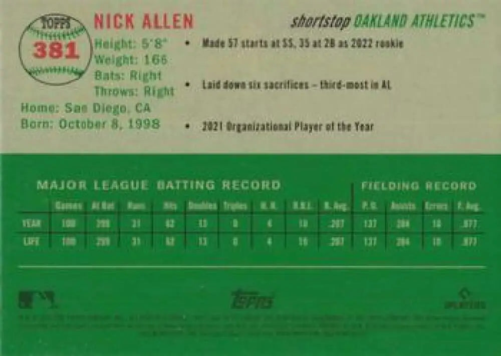 2023 Topps Chrome Platinum Anniversary #381 Nick Allen EX Excellent Oakland Athletics Baseball Card - Baseball Card