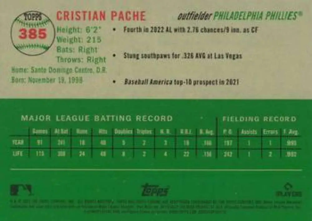 2023 Topps Chrome Platinum Anniversary #385 Cristian Pache EX Excellent Philadelphia Phillies Baseball Card - Baseball