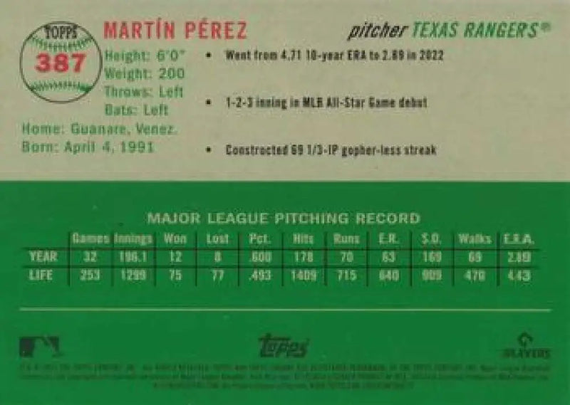 2023 Topps Chrome Platinum Anniversary #387 Martin Perez EX Excellent Texas Rangers Baseball Card - Baseball Card Single