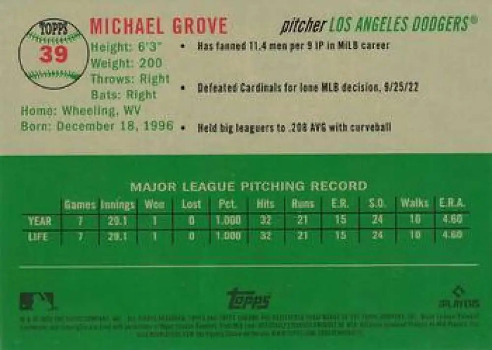 2023 Topps Chrome Platinum Anniversary #39 Michael Grove EX Excellent RC Rookie Los Angeles Dodgers Baseball Card