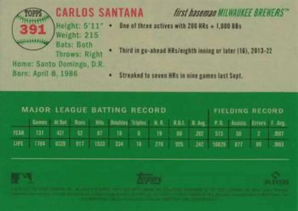 2023 Topps Chrome Platinum Anniversary #391 Carlos Santana EX Excellent Milwaukee Brewers Baseball Card - Baseball Card