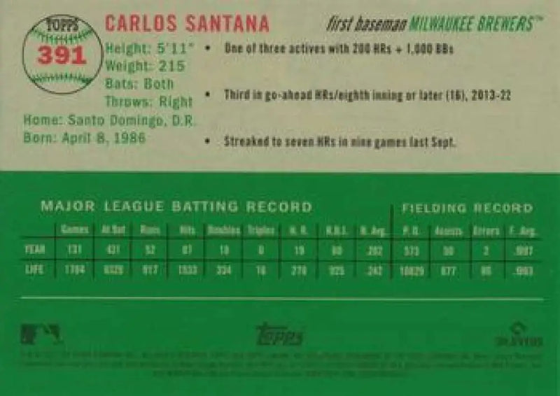 2023 Topps Chrome Platinum Anniversary #391 Carlos Santana EX Excellent Milwaukee Brewers Baseball Card - Baseball Card